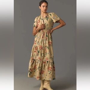 Anthropologie The Somerset Maxi Dress Cotton Tiered XL Khaki Beige Floral Puff